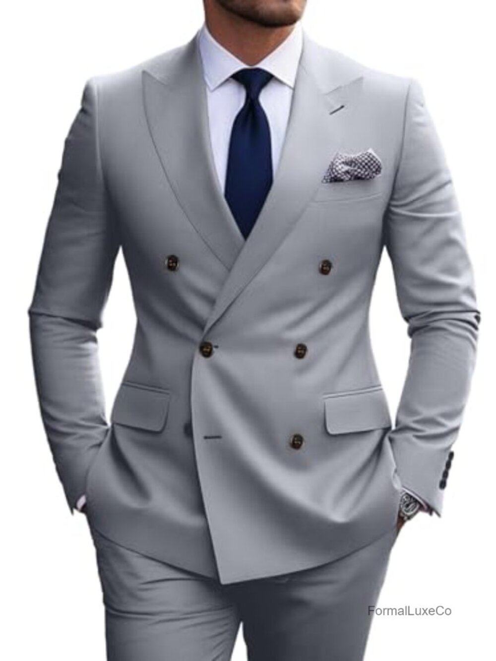 Men's Slim Fit 2-Piece Double Breasted Suit Set, 80% Polyester 20% Viscose,